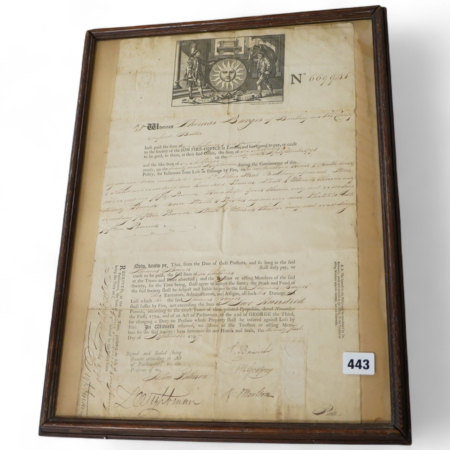 Sun Fire Office Insurance policy dated 1797, for Thomas Burges of Banbury